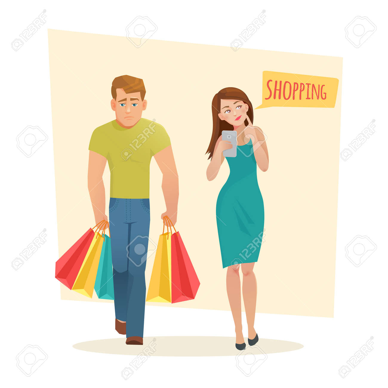 El hombre y la mujer con bolsas de la compra. ilustración vectorial de dibujos animados de la mujer y el hombre va plana con teléfono y paquetes en El hombre y la mujer con bolsas de la compra. ilustración vectorial de dibujos animados de la mujer y el hombre va plana con teléfono y paquetes en