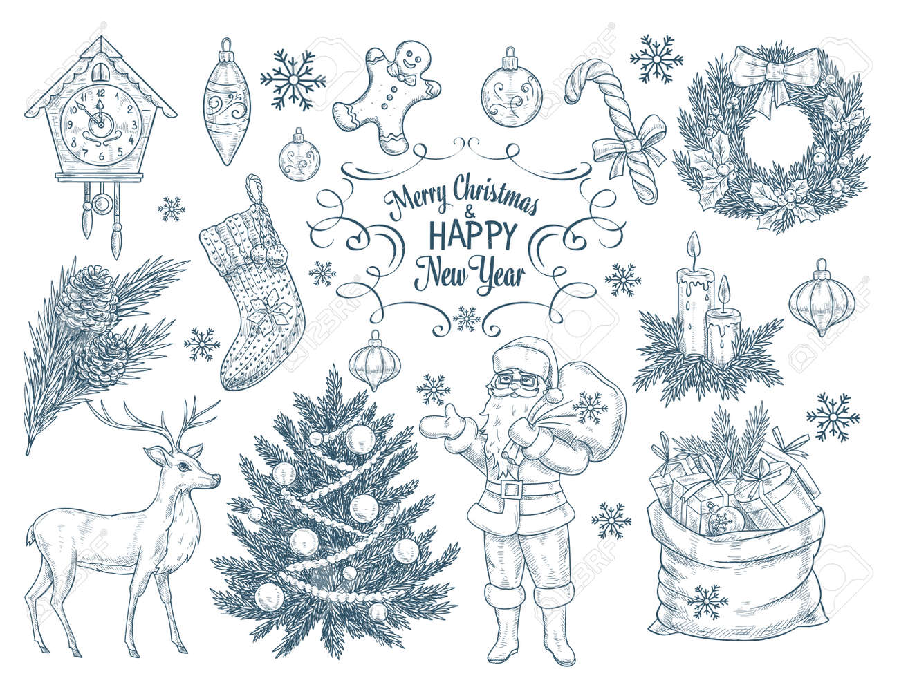 Set Of Hand Drawn Christmas Elements Sketch Vector Illustration