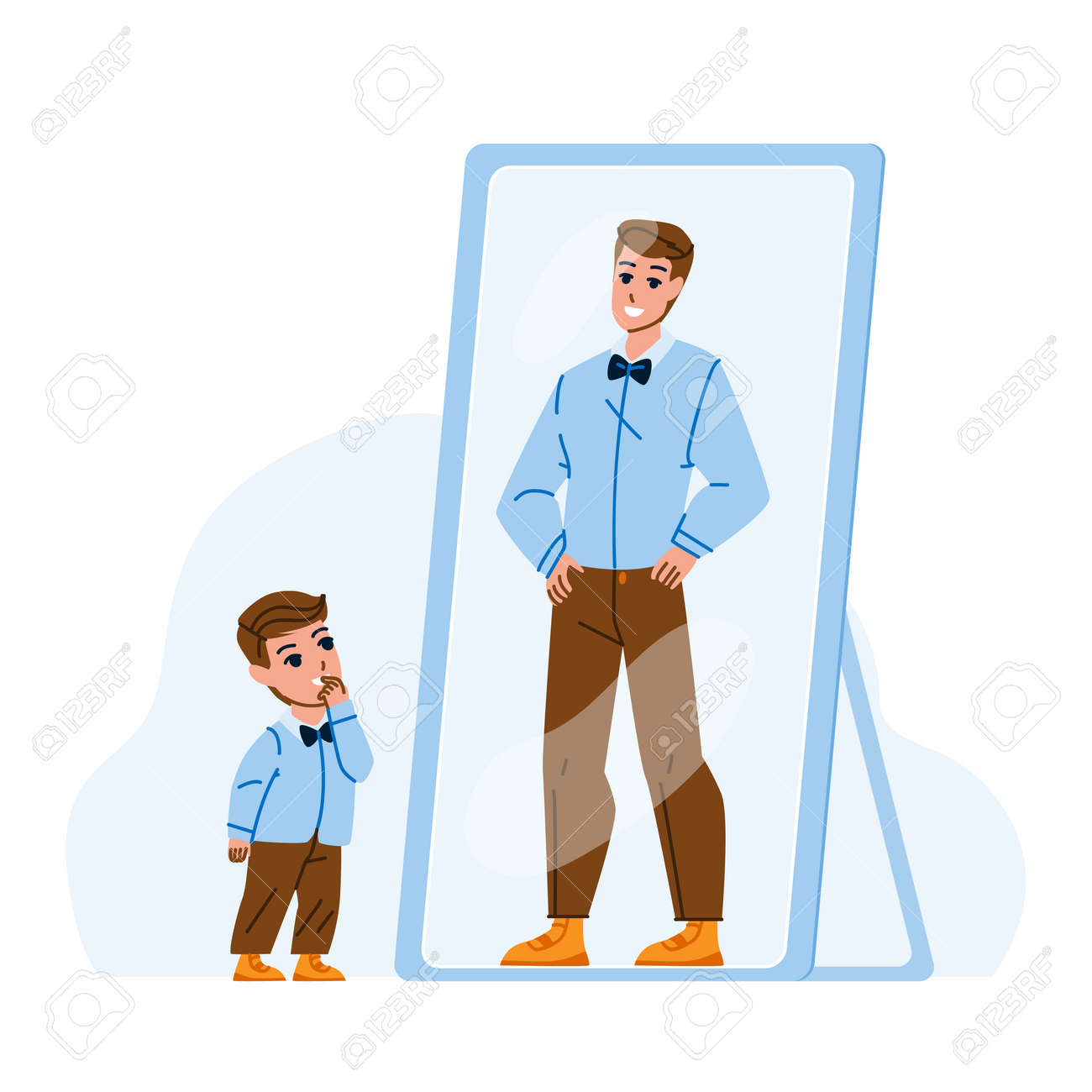 Kid Boy Dreaming For Be Adult Man In Mirror Vector. Child Looking At Mirror  Reflection And Imagining For Be Businessman In Future. Character  Preschooler Dream Flat Cartoon Illustration Royalty Free SVG, Cliparts,, image size:1300x1300