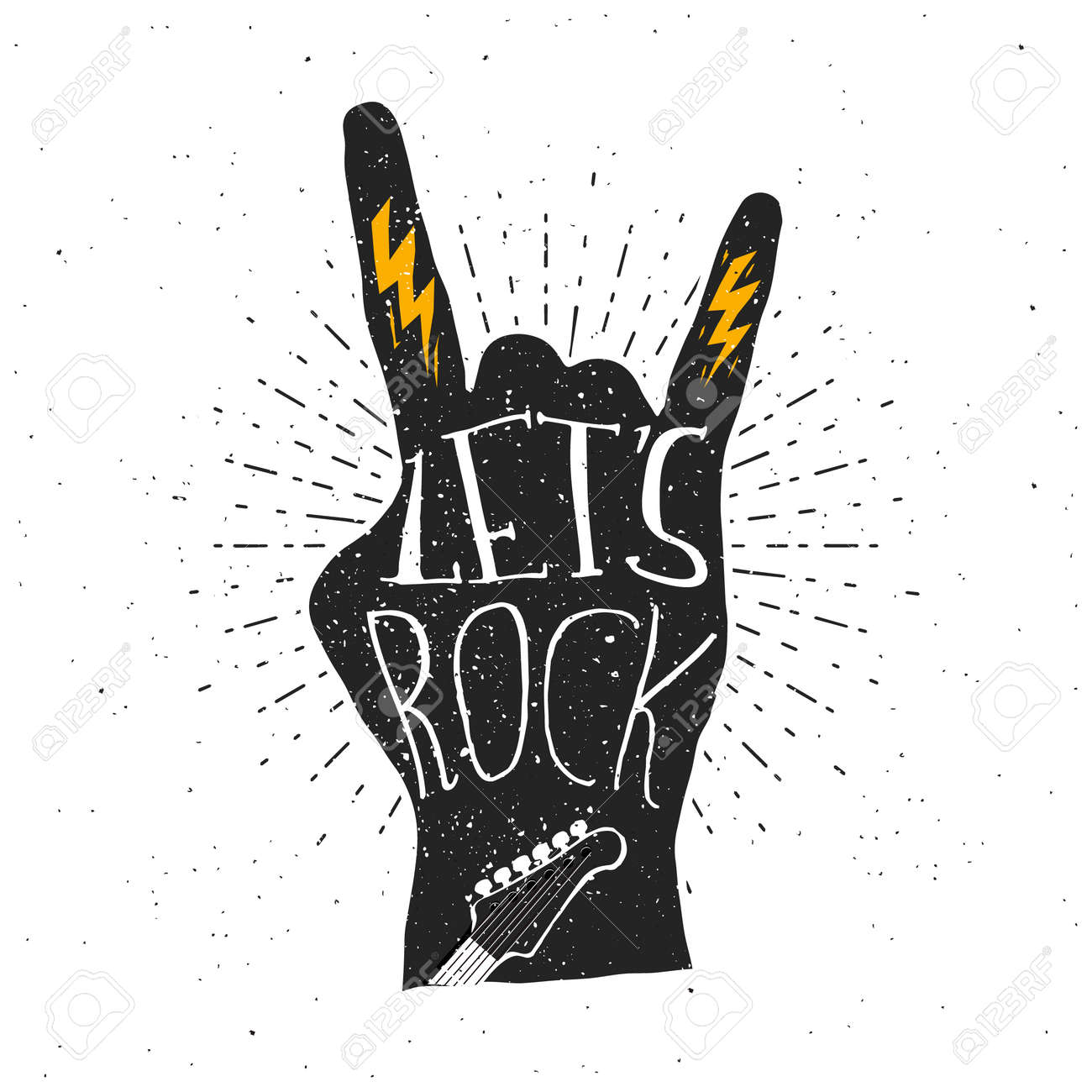 タイポグラフィの引用 ロッカージェスチャの文字のロックを聞かせて ライト ギター 背景にグランジ効果 ベクトル イラスト のイラスト素材 ベクタ Image
