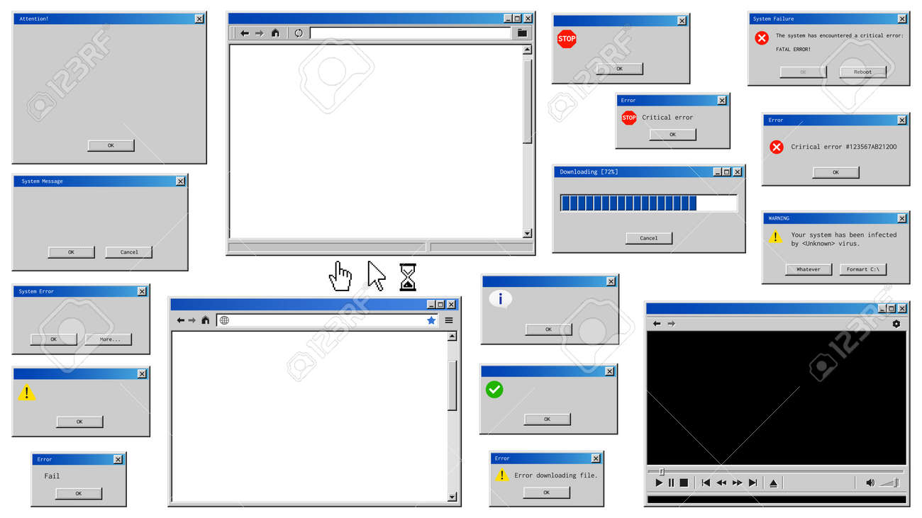 old user interface windows retro browser and error message popup message pop up