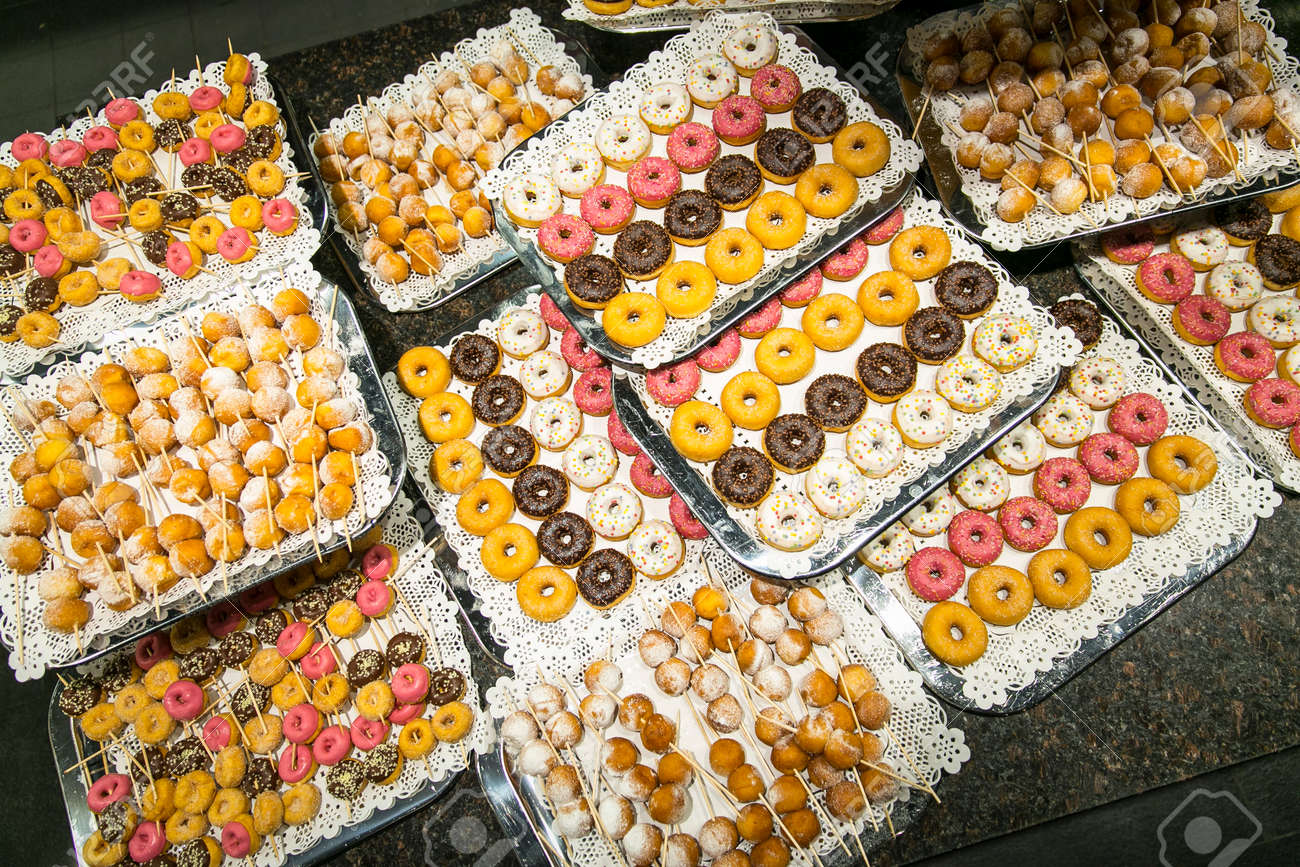 Donuts And Curd Balls On Buffet Stock Photo, Picture And Royalty Free  Image. Image 37200871.