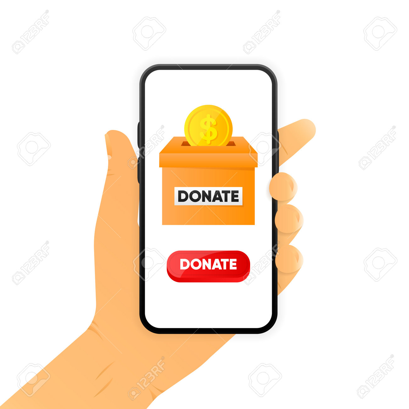 人々は募金箱に金貨を投げ入れます。手にコイン。募金箱。財政支援。オンライン寄付金のコンセプト。ベクターイラスト。のイラスト素材・ベクター Image  198262862