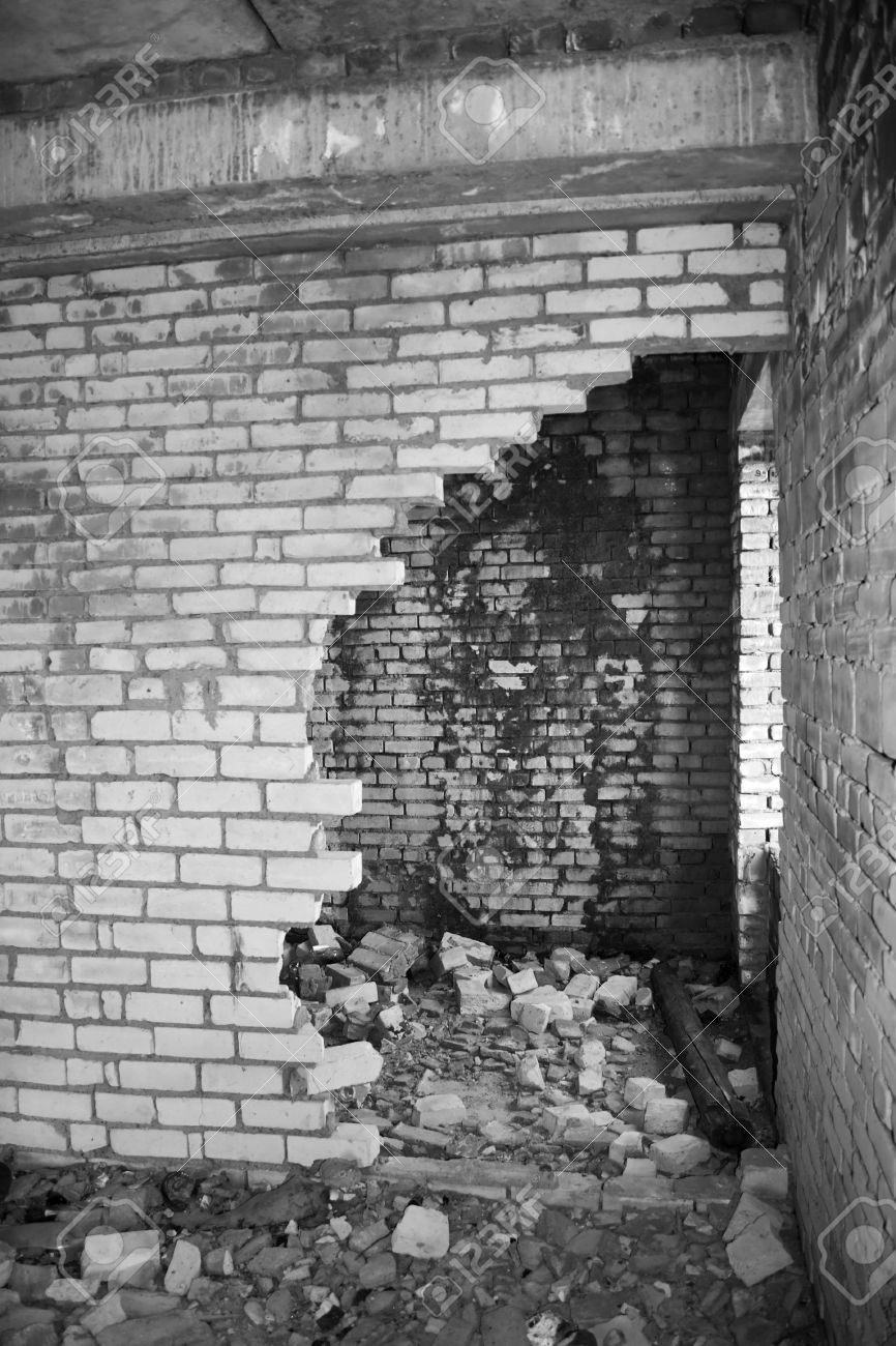 Ruins of a destroyed house abandoned building war time black and white photo