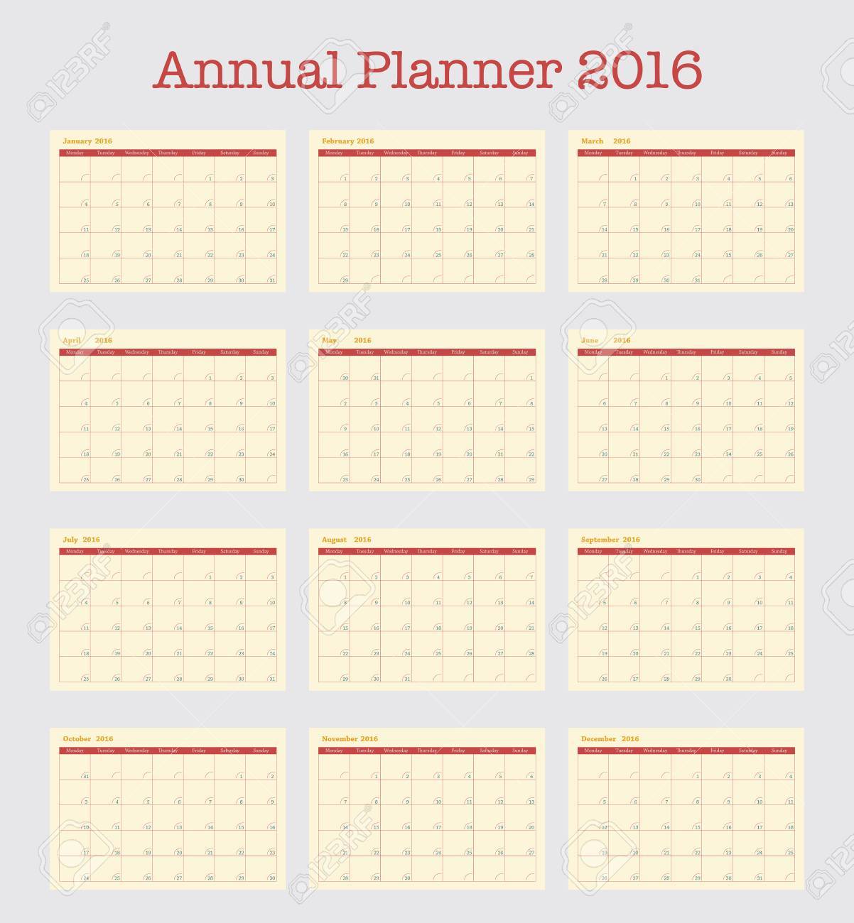 Afdrukken kwaad dood gaan Poster Calendar For 2016. Annual Planner For Year 2016, Simple Vector  Template, Set Of 12 Months Royalty Free SVG, Cliparts, Vectors, And Stock  Illustration. Image 50018829.