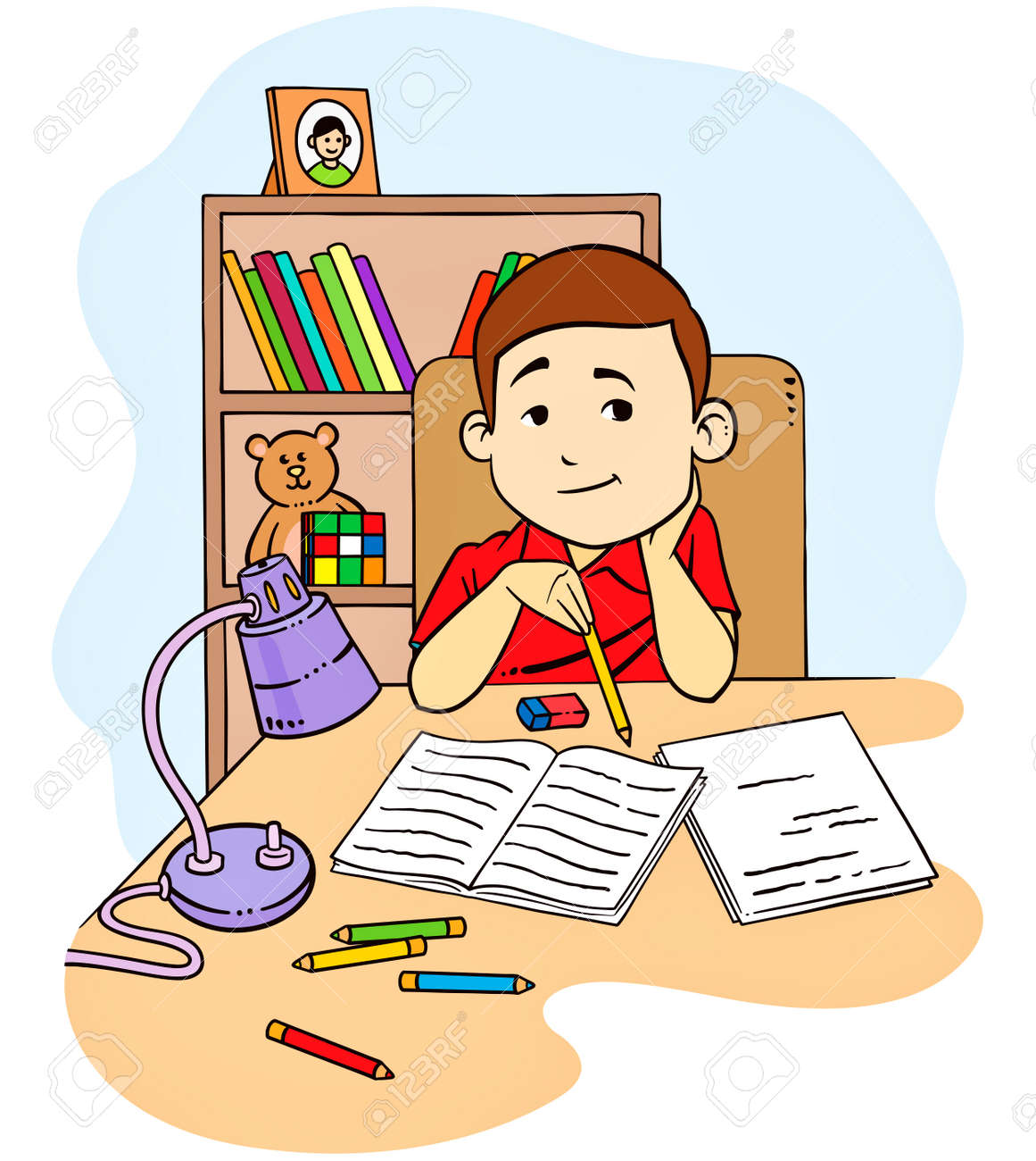 A vector illustration of a kid studying and doing his homework in his bedroom - 29202747 A vector illustration of a kid studying and doing his homework in his bedroom - 29202747