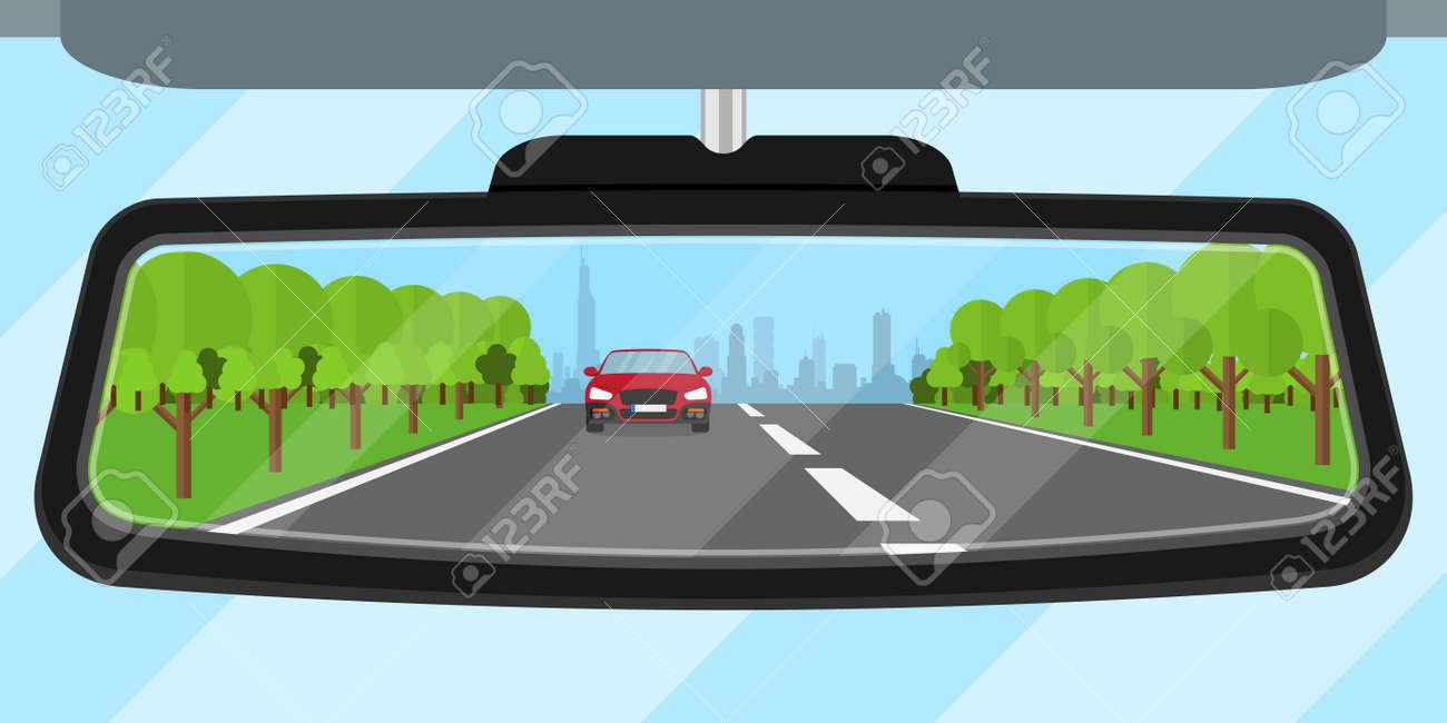 picture of a car rear view mirror reflected road, another car, trees and big city silhouette, flat style illustration - 42865244 picture of a car rear view mirror reflected road, another car, trees and big city silhouette, flat style illustration - 42865244