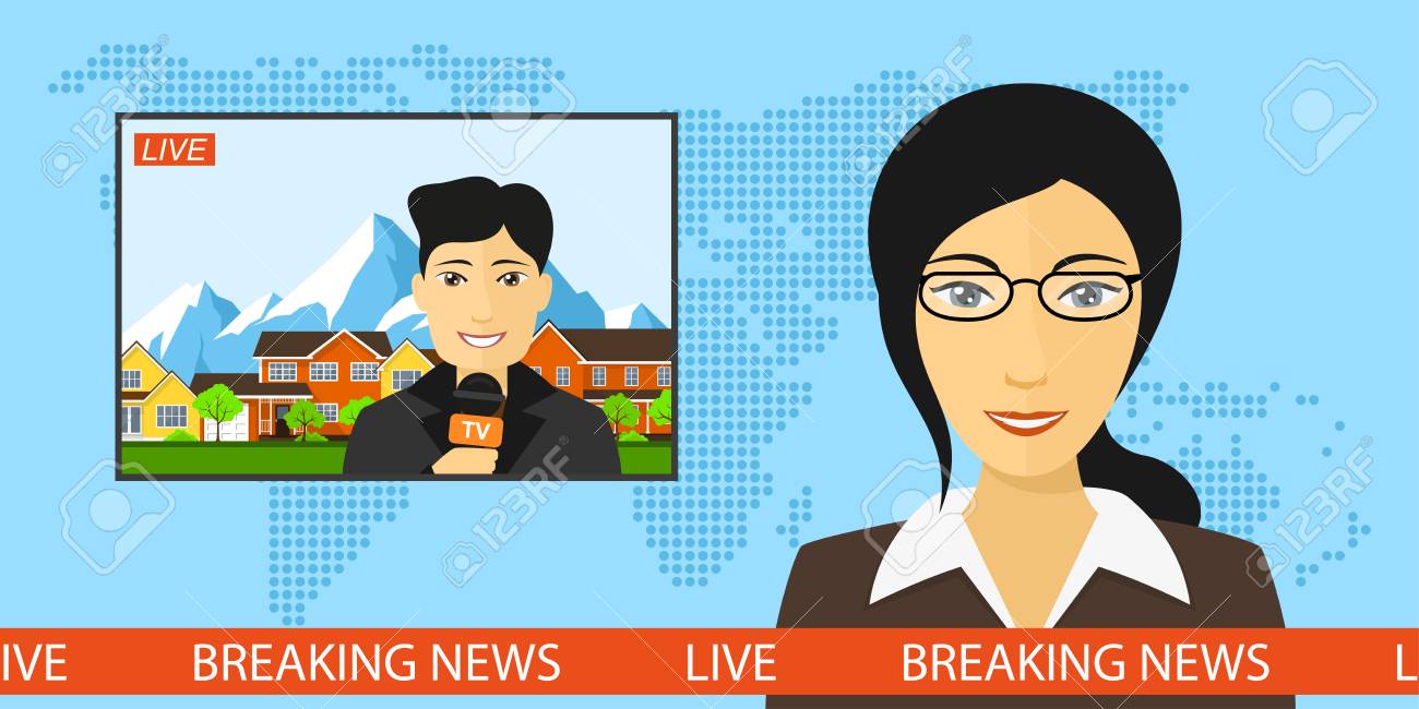 News Announcer In The Studio With A Reporter Live On Screen Breaking And Television News Announcer In The Studio With A Reporter Live On Screen Breaking And Television