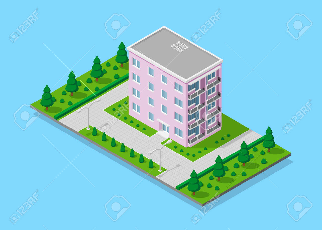 青い背景に隔離されたアイソメトリックアパートの家 のイラスト素材 ベクタ Image