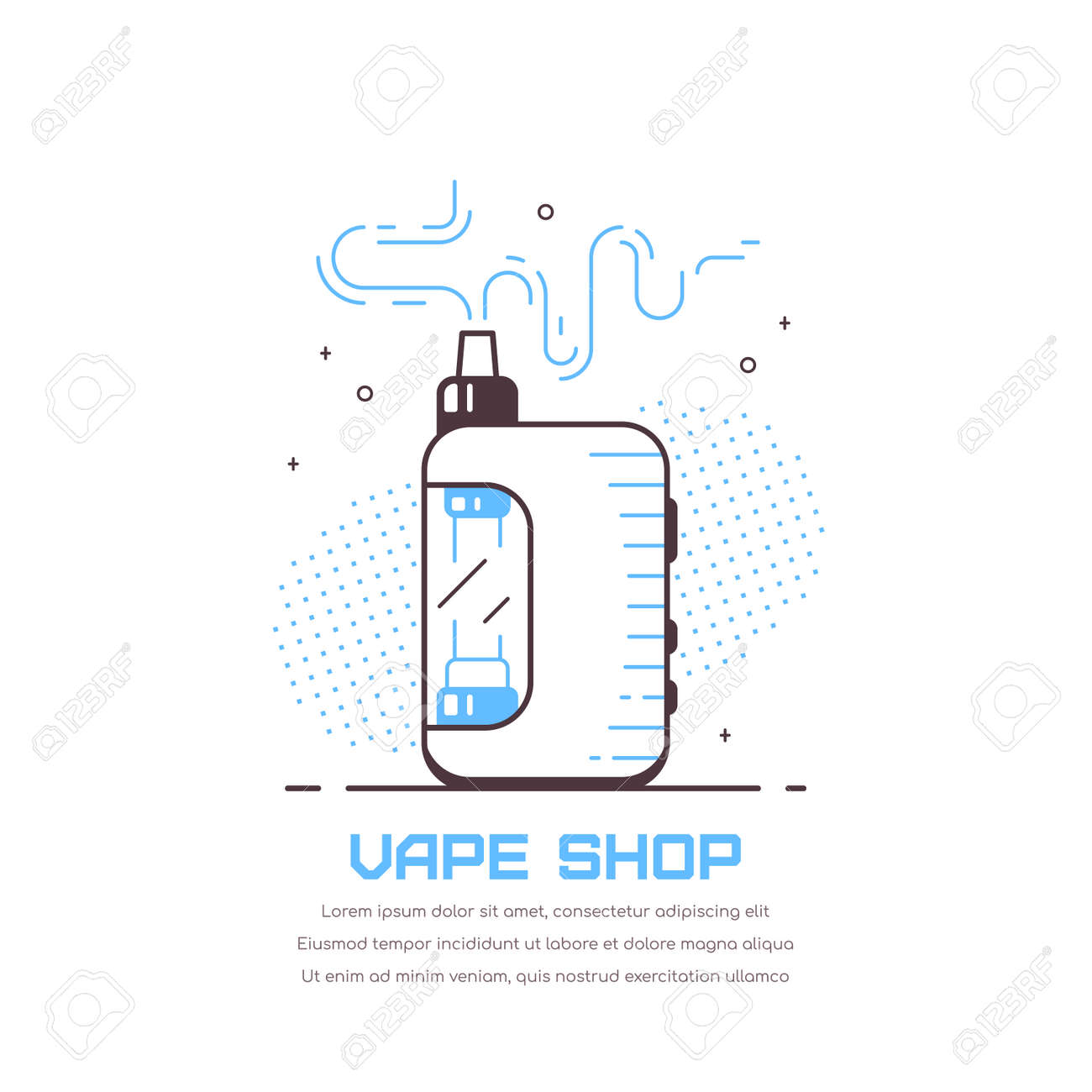 vaping Vapingボックスデバイスキットとmod。白い背景で隔離のVapeショップバッジデザイン。電子タバコのフラットスタイルのアウトラインベクトルイラスト。蒸気を吸う概念。のイラスト素材・ベクター  Image 157827763