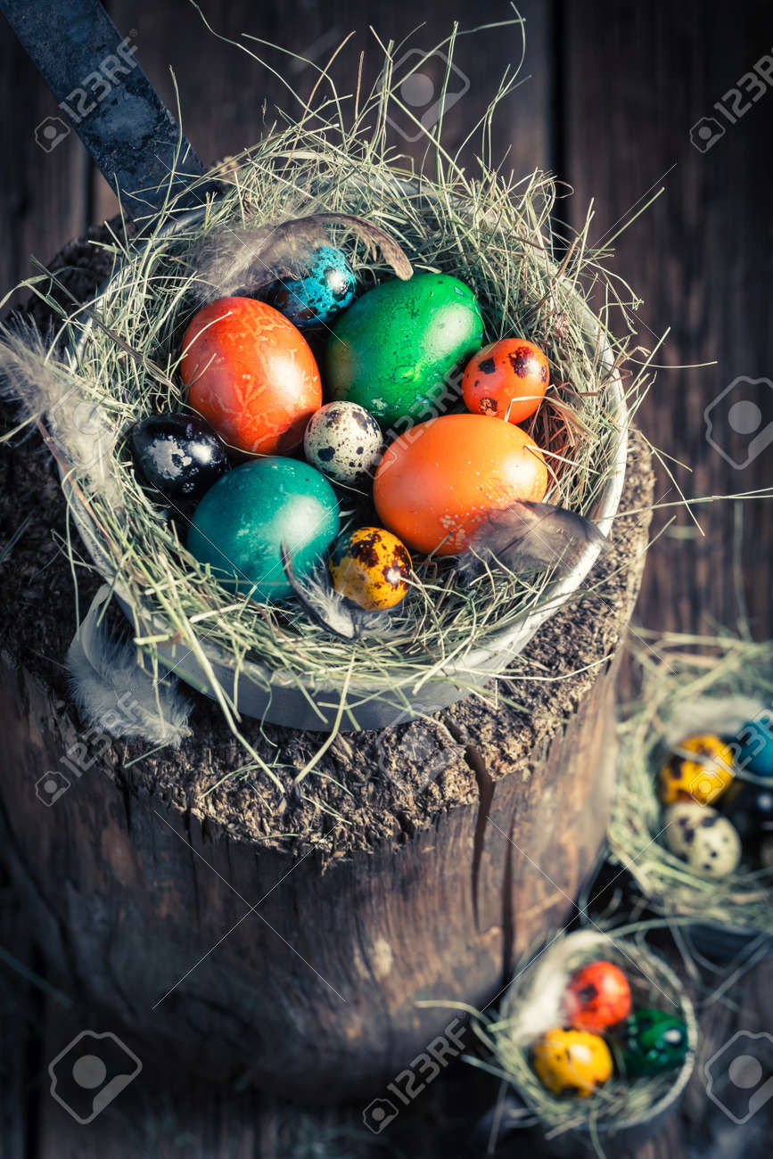 Ecological Easter Eggs In Wooden Small Henhouse