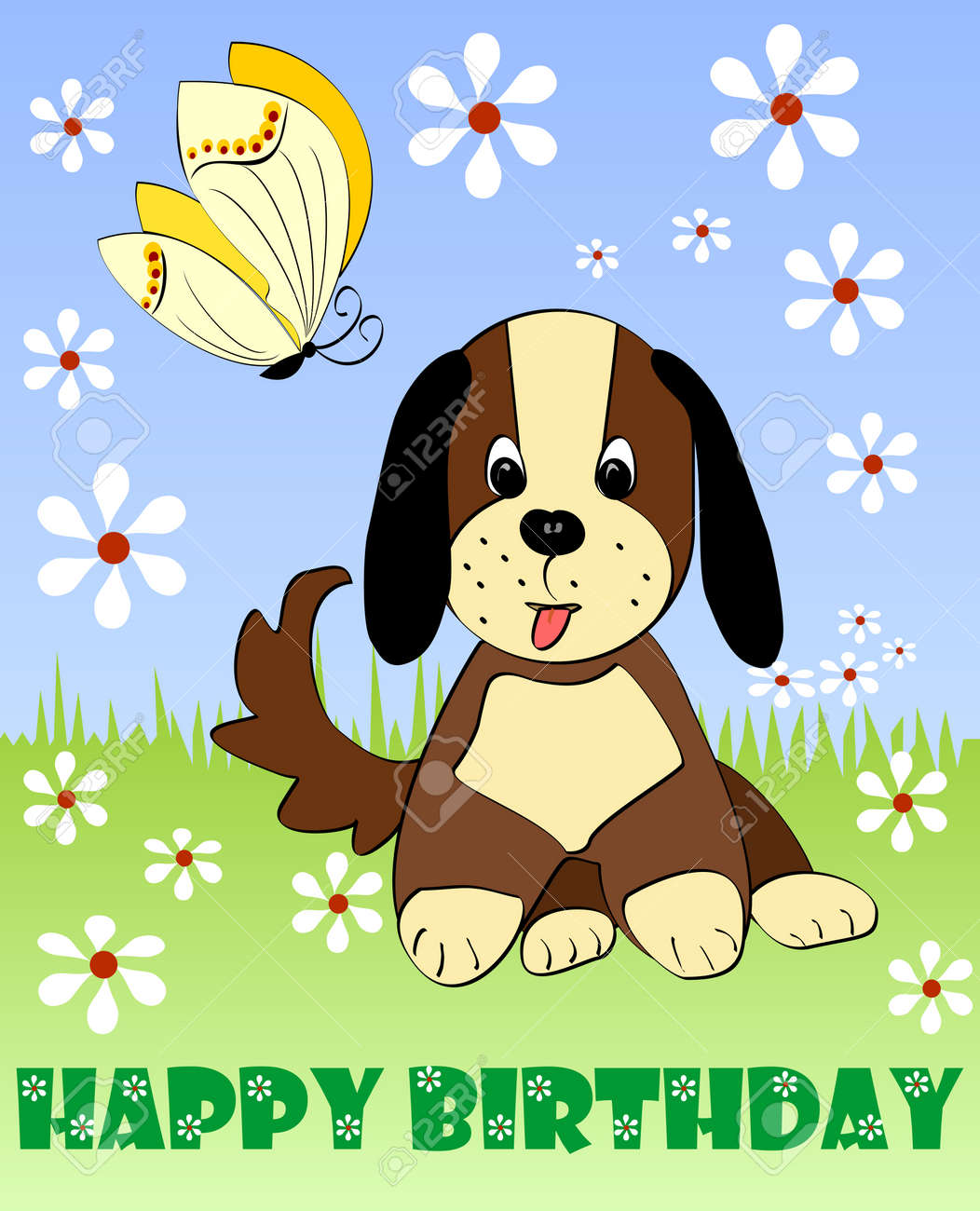 Tarjeta De Feliz Cumpleanos Cartelera Partido De Los Ninos Invitacion De La Fiesta De Cumpleanos Con El Perrito Lindo Y Mariposa Amarilla En El Prado Con Las Pequenas Flores Blancas Decoracion Agradable