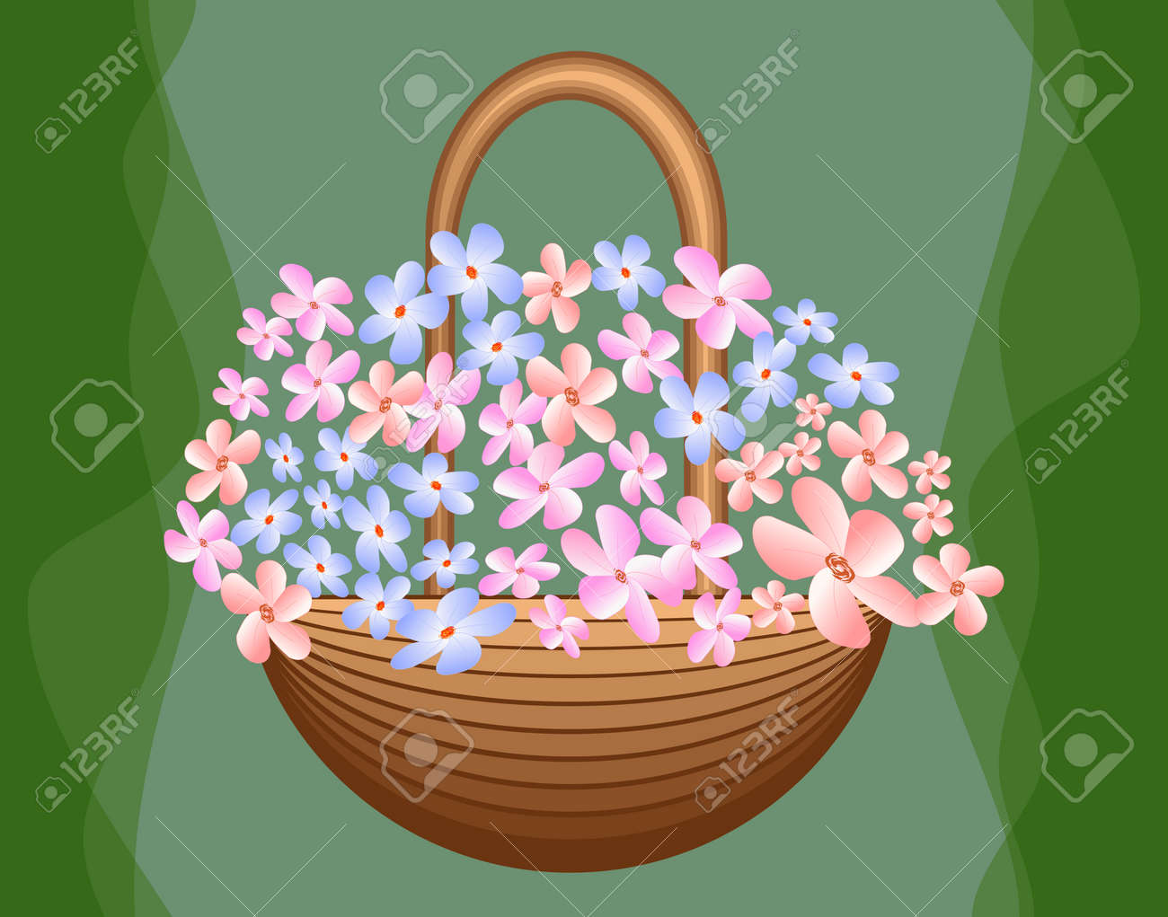 緑の背景 グリーティングの装飾 誕生日パーティー かわいい青とピンクの花を持つ美しいバスケット のイラスト素材 ベクタ Image