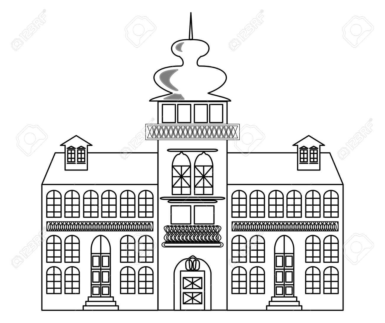 Ancien Château Dessin Monochrome Architecte Croquis En Contour Noir Sur Fond Blanc