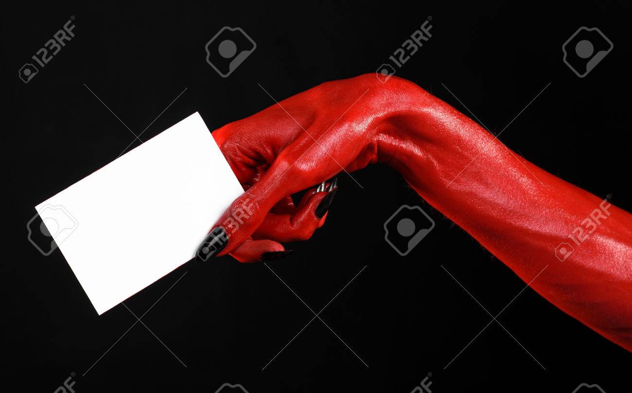 Halloween Theme Red Devil Hand With Black Nails Holding A Blank Stock Photo Picture And Royalty Free Image Image 56174240