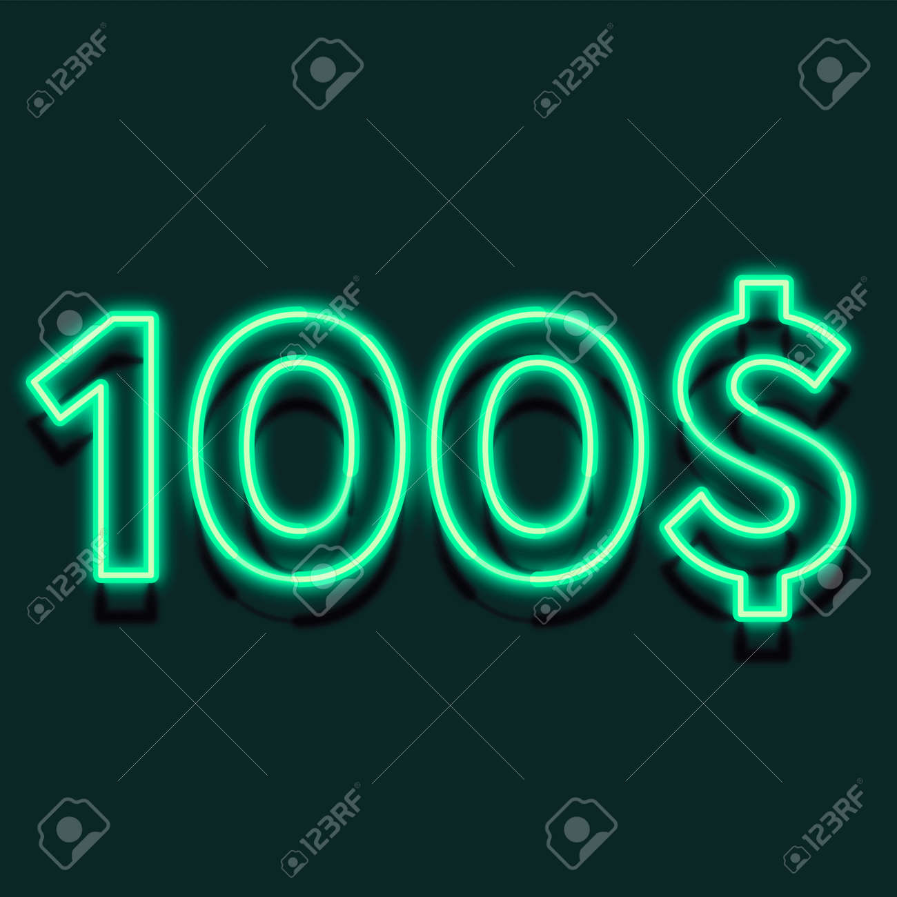 네온 달러 100 가격 기호 디자인은 녹색 배경에 특별 제공 100달러 기호를 제공합니다. 로열티 무료 사진, 그림, 이미지 그리고  스톡포토그래피. Image 177255138