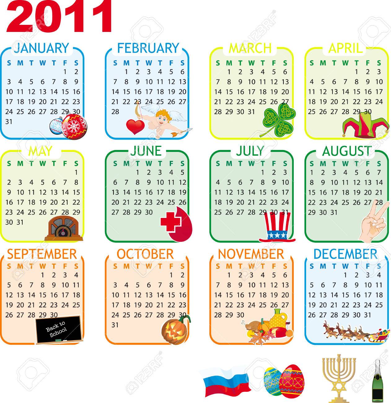 Calendar Of Monthly Events And Holidays For 2011 With Extra Images Included  Royalty Free SVG, Cliparts, Vectors, and Stock Illustration. Image 8280687.