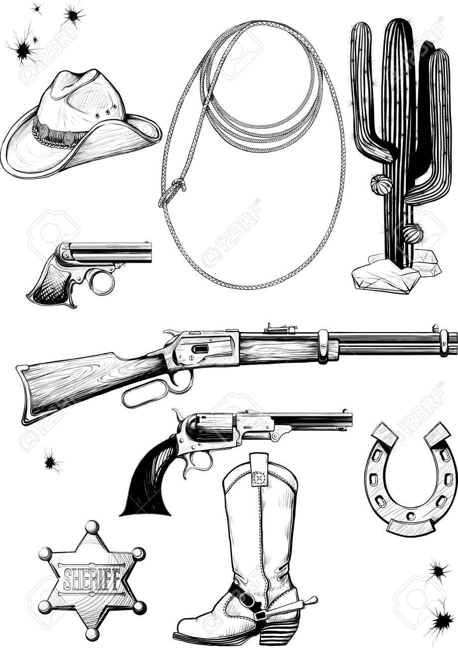 Gran De Accesorios De Vaqueros. Armas, Equipos, Medio Ambiente, Ropa Y Estilo De Vida Del Lejano Oeste Svg, Vectoriales, Clip Art Libre De Derechos. Image 15839938.