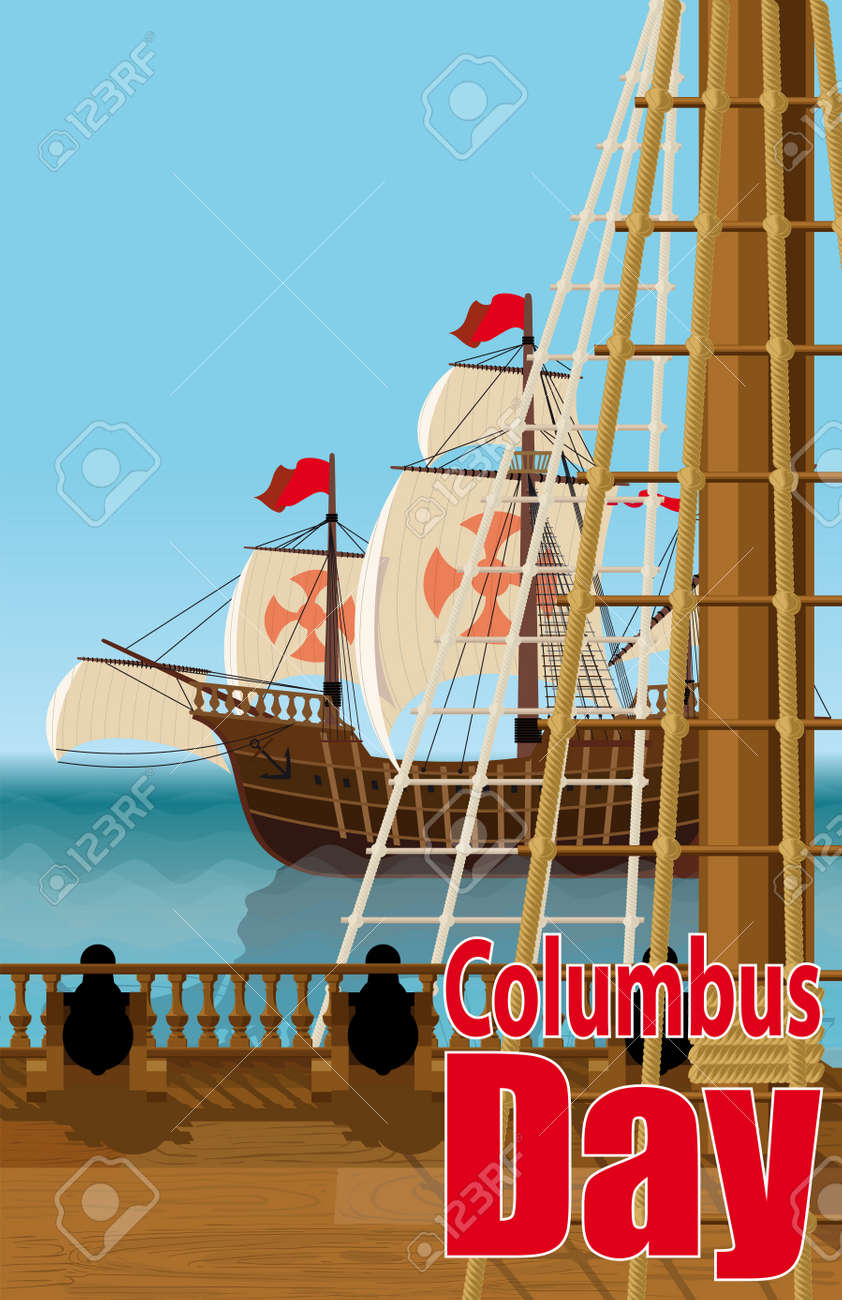 コロンブス記念日 コロンバスの 1 つのデッキからの眺めが海や近隣のキャラベル船します のイラスト素材 ベクタ Image