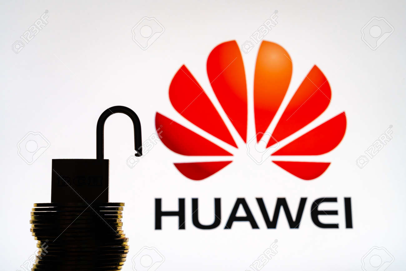 Huawei Logo In Background With Silhouette Of A Unlock Padlock Stock Photo Picture And Royalty Free Image Image 126073910