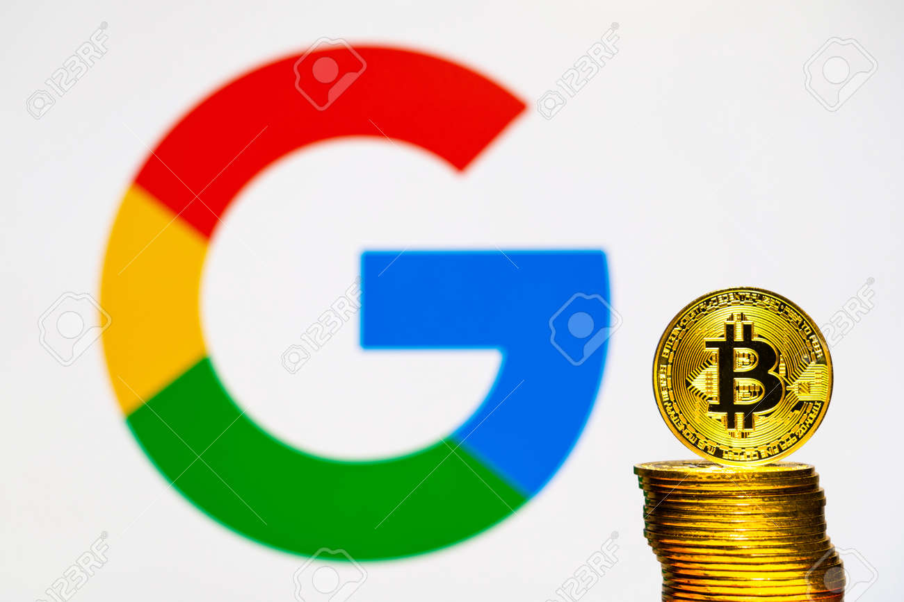 背景画面にGoogleロゴが付くゴールドビットコインコインの写真素材・画像素材 Image 126229524