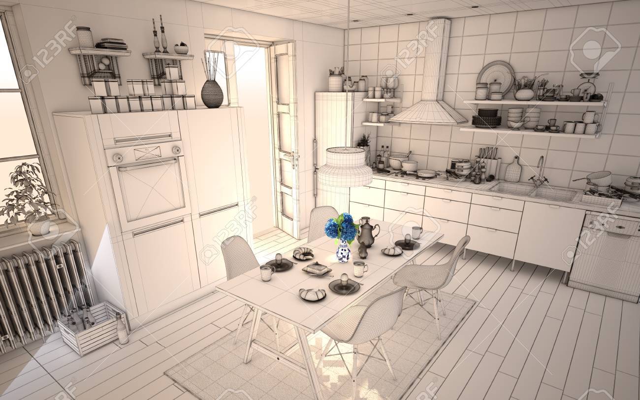 White Sunny Kitchen Wireframe Stock Photo Picture And Royalty Free Image Image 76821397