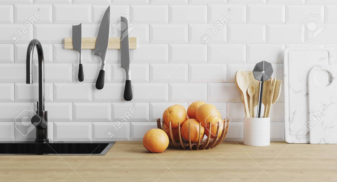 Kitchen Utensils Gadgets Near Sink On Wooden Surface And White Stock Photo Picture And Royalty Free Image Image 155231533