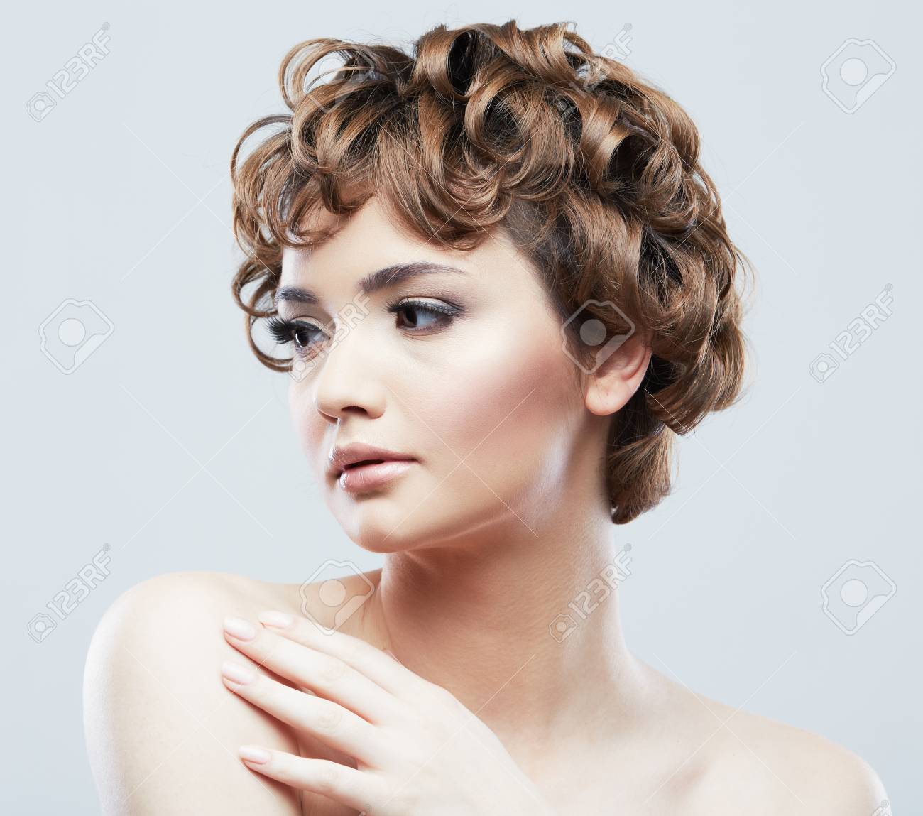 Young Woman Close Up Face Beauty Portrait Short Hair Style Female