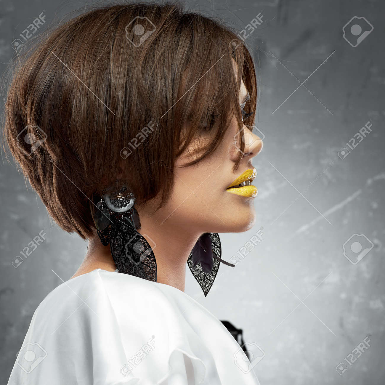 Face Close Up Portrait Of Sexy Woman With Bob Haircut Short