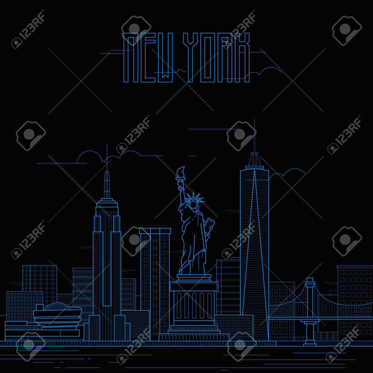New York Avec Des Bâtiments Emblématiques Dessin Au Trait Plat Art Illustration Vectorielle
