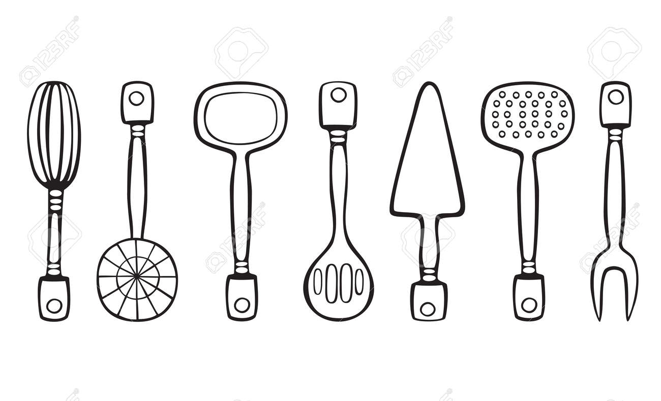 Set Of Kitchen And Cook Utensils. Hand Linear Black And White Drawing,  Vector Illustration Isolated On White Background. Royalty Free SVG,  Cliparts, Vectors, and Stock Illustration. Image 139100472., image size:1300x790