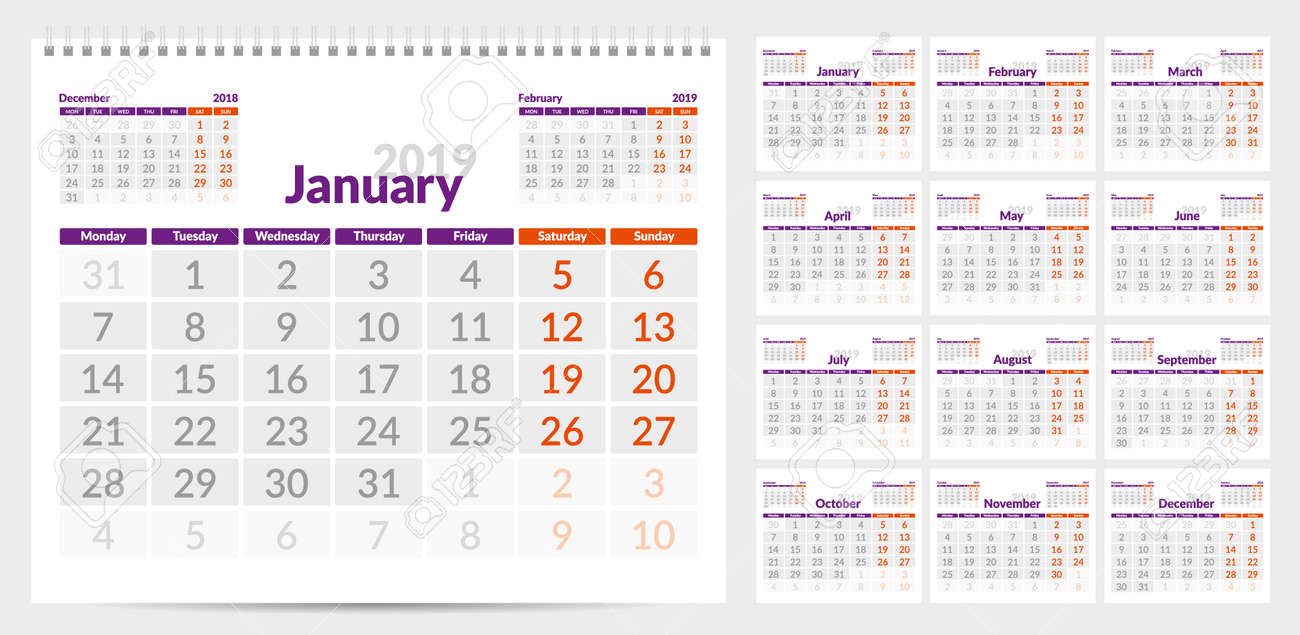 calendar 2019 week start from monday set of 12 months ready calendar 12 months