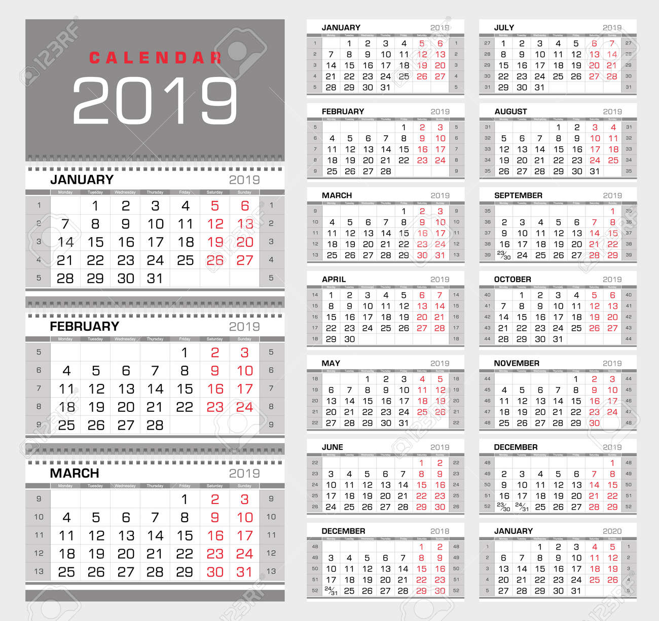wall quarterly calendar 2019 with week numbers week start from quarterly calender