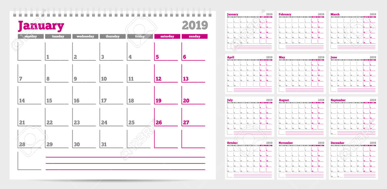 calendar planner template 2019 week start from monday set of 12 month planner template