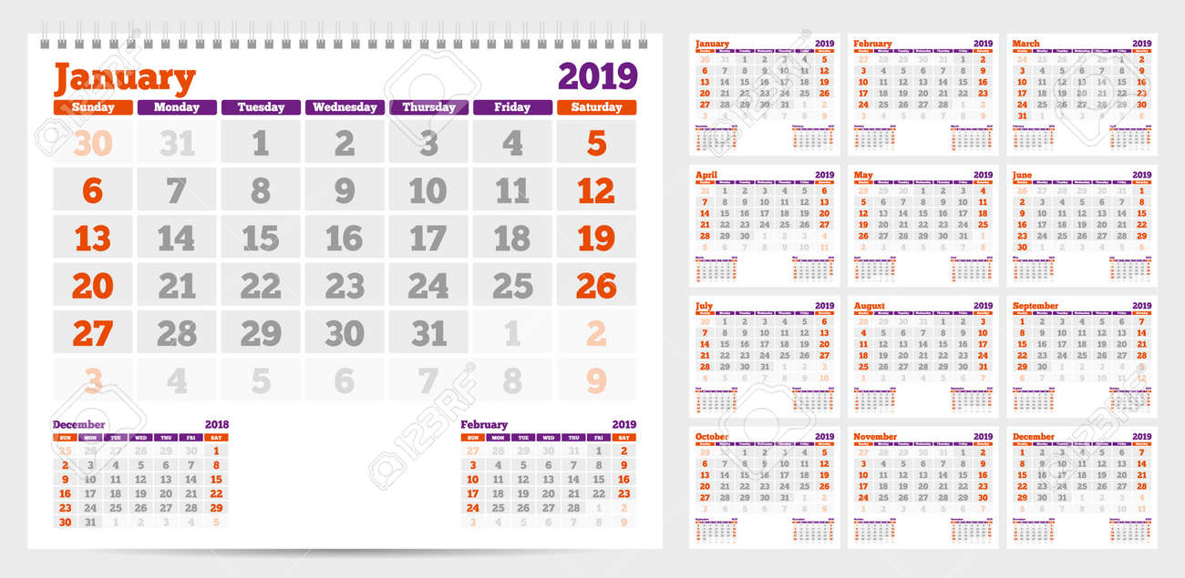calendar 2019 week start from sunday set of 12 months ready calendar start