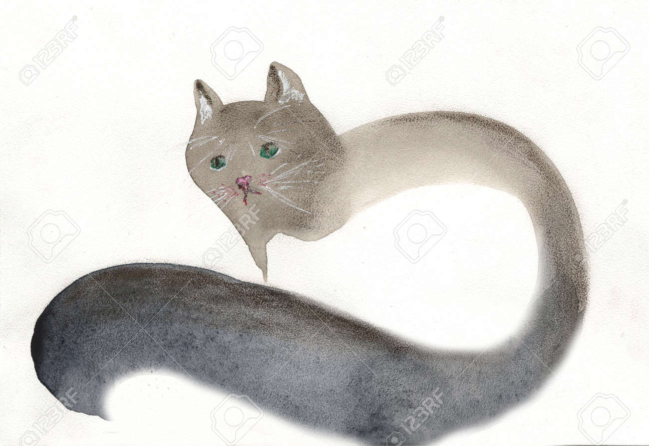 Cat With A Fluffy Tail Watercolor Stock Photo Picture And Royalty