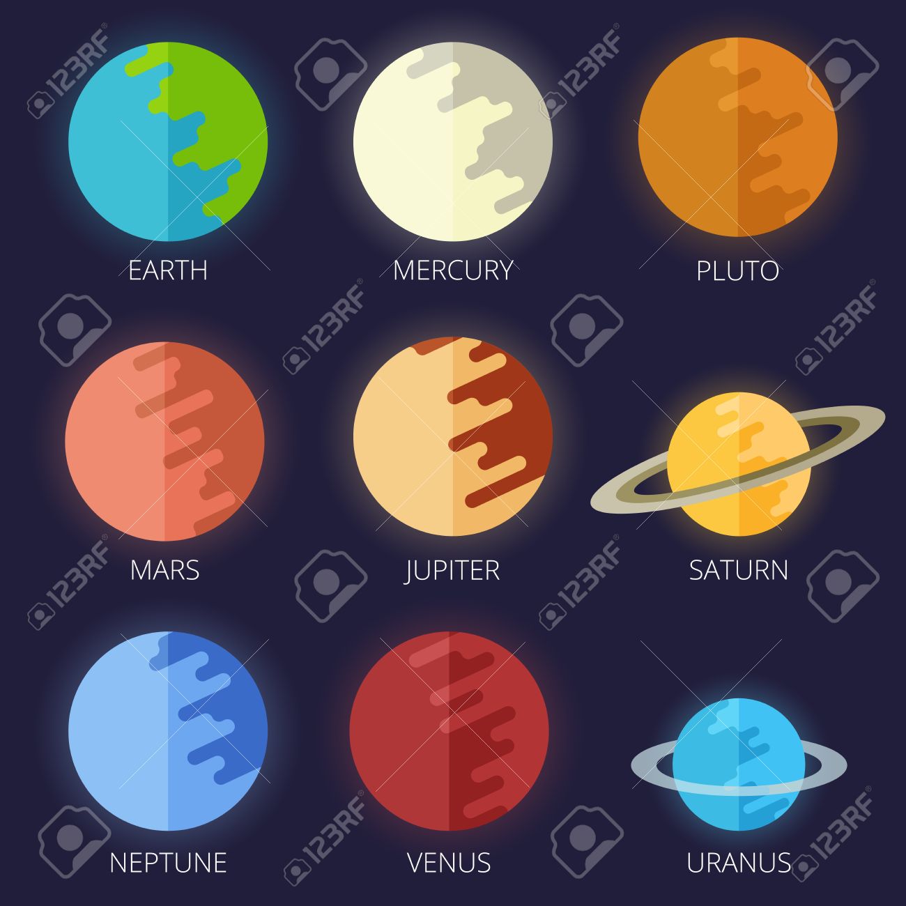 Set Of The Nine Planets Of The Solar System In A Cartoon Style