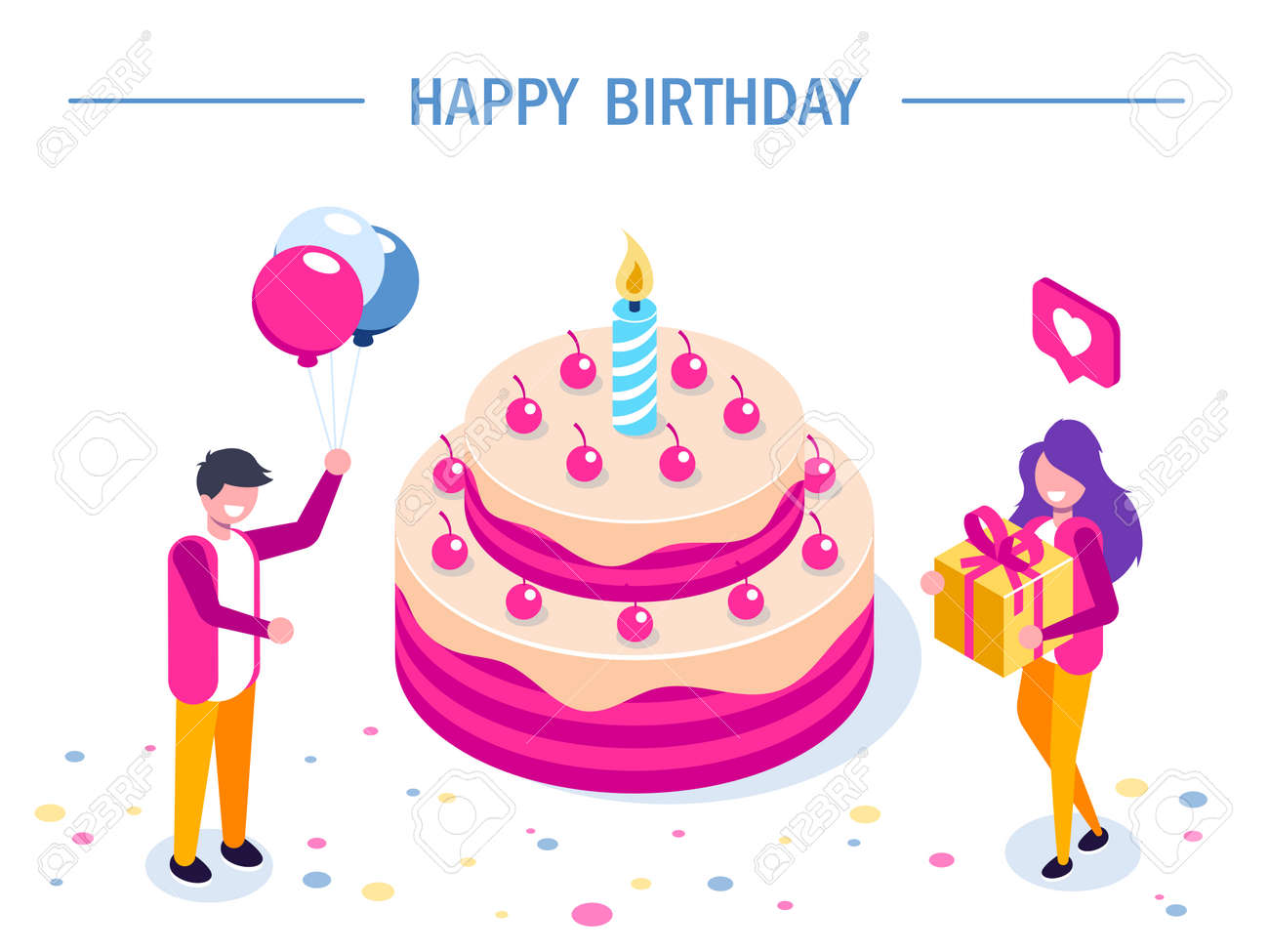 Happy Birthday Vector Concept Big Cake With A Candle Girl With A Gift And A Man With Balloons In Their Hands Can Use For Web Banner Infographics Hero Images Flat Isometric Vector