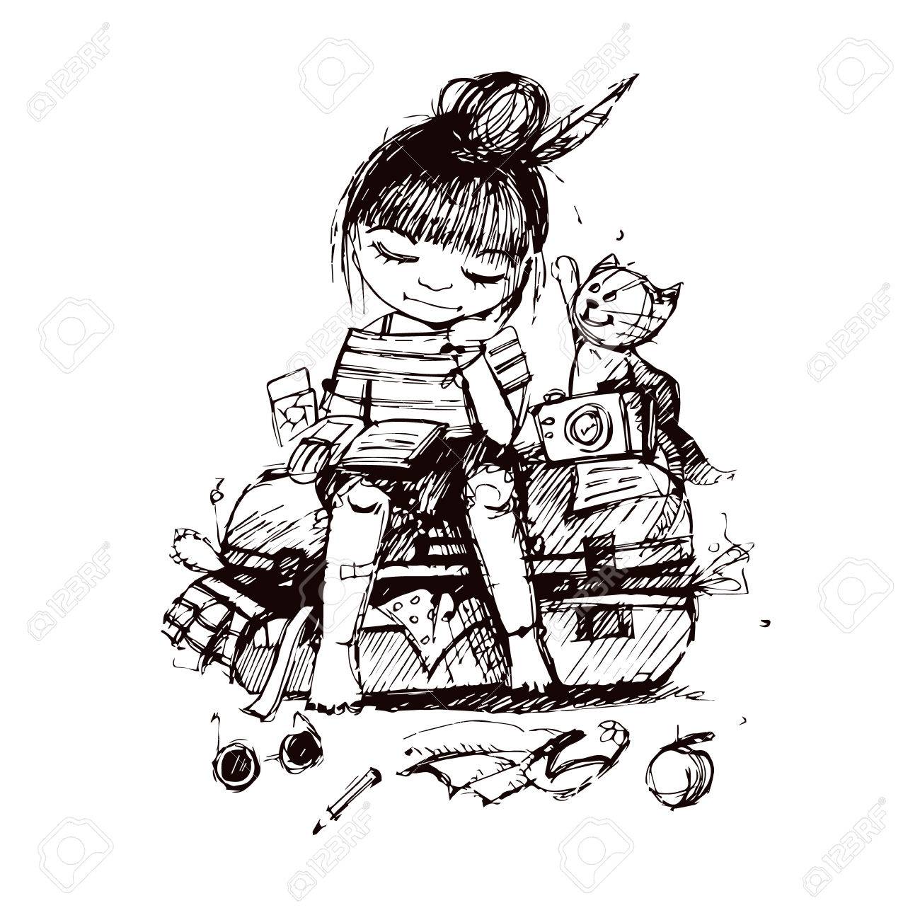 Girl Sitting On A Suitcase And Reading Sketch Vector