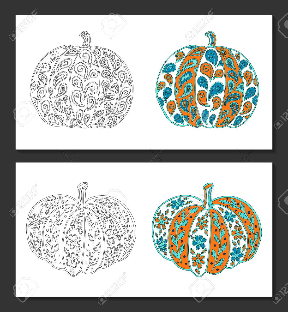 ビンテージ スタイルのペイズリー 花飾りカボチャ ブラック ホワイトと色のサンプル 大人 ポスター ポストカード T シャツのための書籍を着色 ピローケースを印刷します Eps 10 ベクトル 分離されました のイラスト素材 ベクタ Image