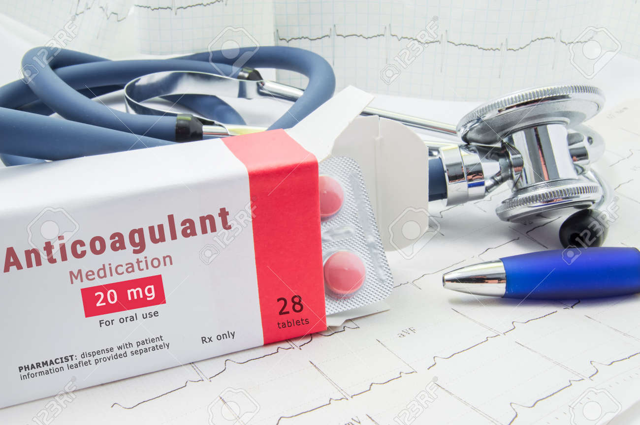 Anticoagulant drug for blood, for prevention or prophylaxis of vascular diseases of heart or brain. Packing of pills with inscription "Anticoagulant Medication" on table - 138884107 Anticoagulant drug for blood, for prevention or prophylaxis of vascular diseases of heart or brain. Packing of pills with inscription "Anticoagulant Medication" on table - 138884107