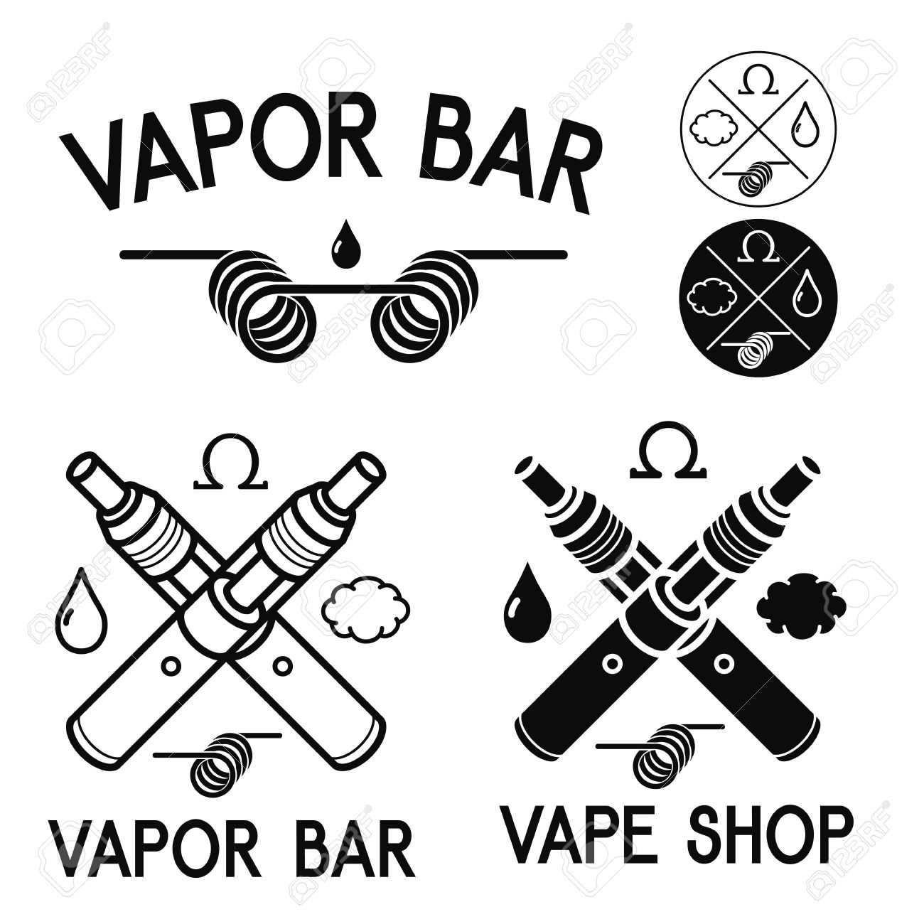 vape shop and bar isolated logos on white background royalty free