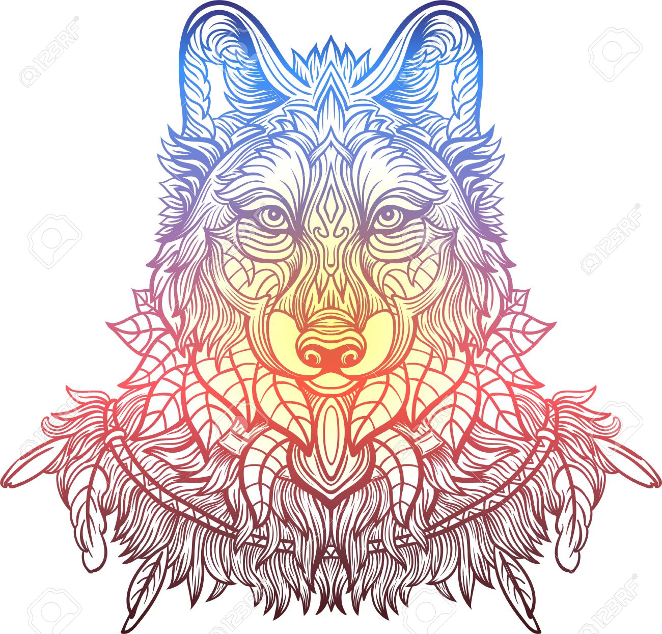 Hand Drawn Wolf Side View With Ethnic Floral Doodle Pattern Coloring Page