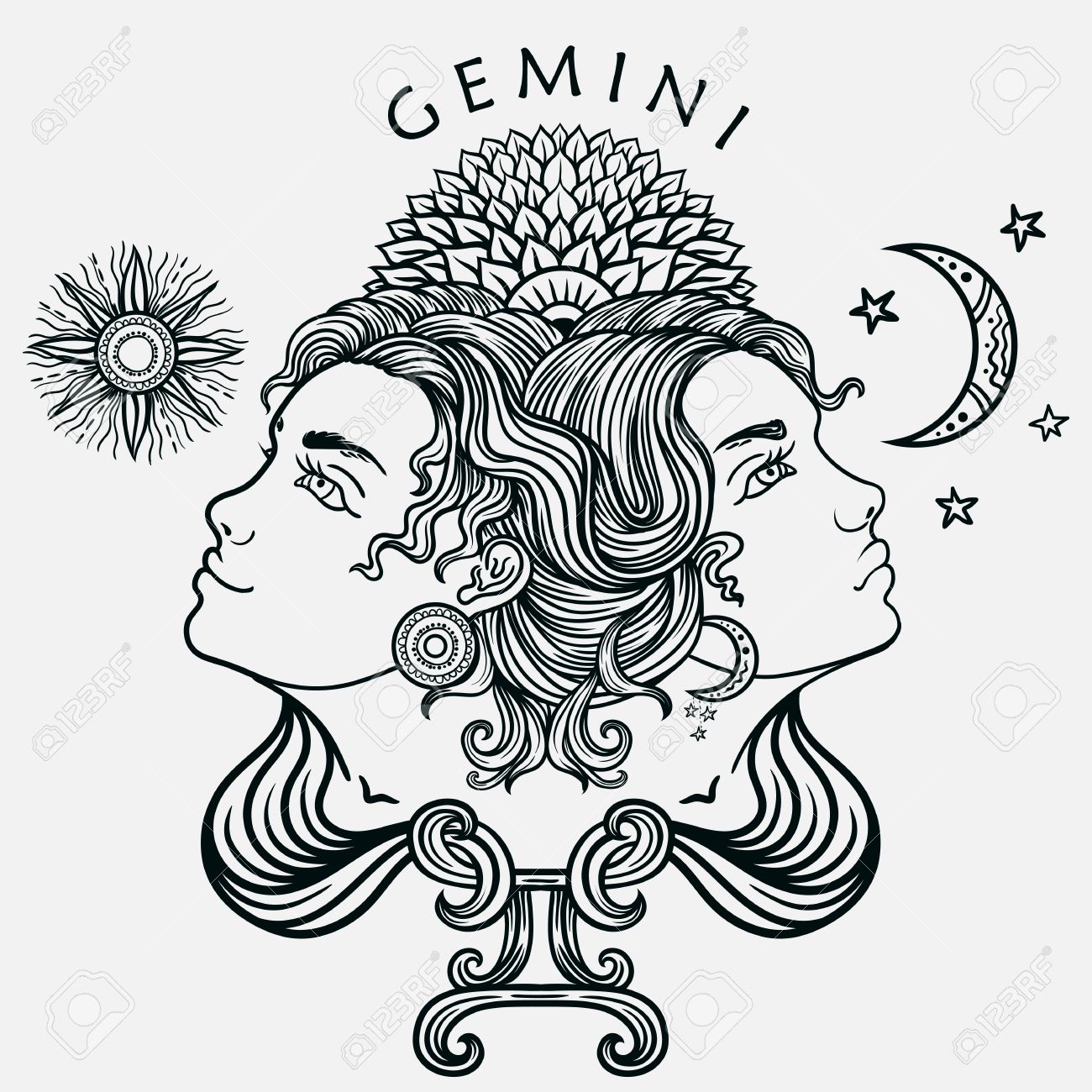 Hand drawn romantic beautiful line art of zodiac gemini. Vector illustration isolated. Ethnic design, mystic horoscope symbol for your use. Ideal for tattoo art, coloring books. Zentangle style. - 58047150 Hand drawn romantic beautiful line art of zodiac gemini. Vector illustration isolated. Ethnic design, mystic horoscope symbol for your use. Ideal for tattoo art, coloring books. Zentangle style. - 58047150