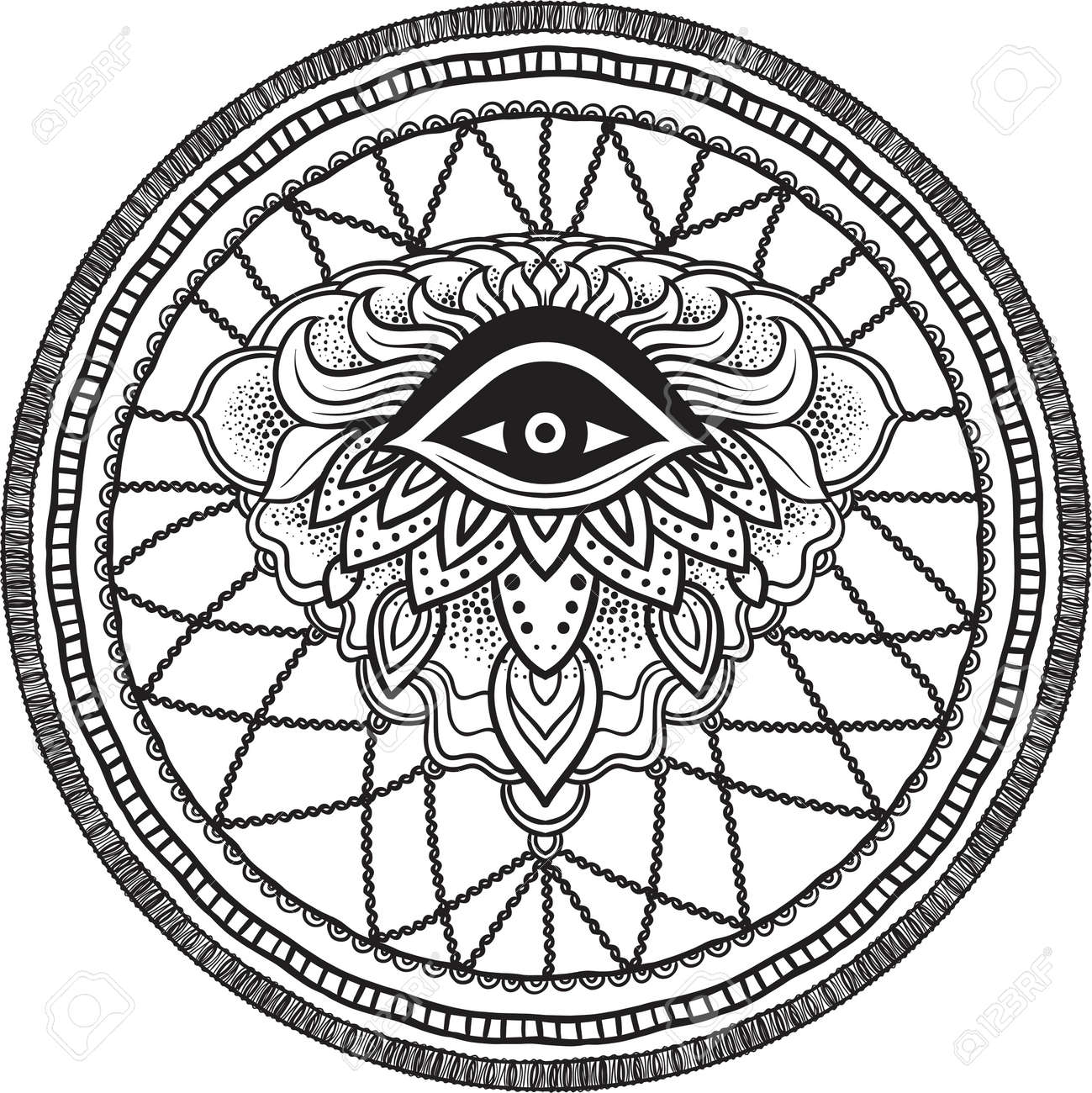 目でネイティブ アメリカン インドのお守りのドリーム キャッチャー 民族 自由奔放に生きるシックな部族のシンボル 塗り絵 タトゥー Mehendi ベクトルのヒップスターのイラストが白で隔離 のイラスト素材 ベクタ Image