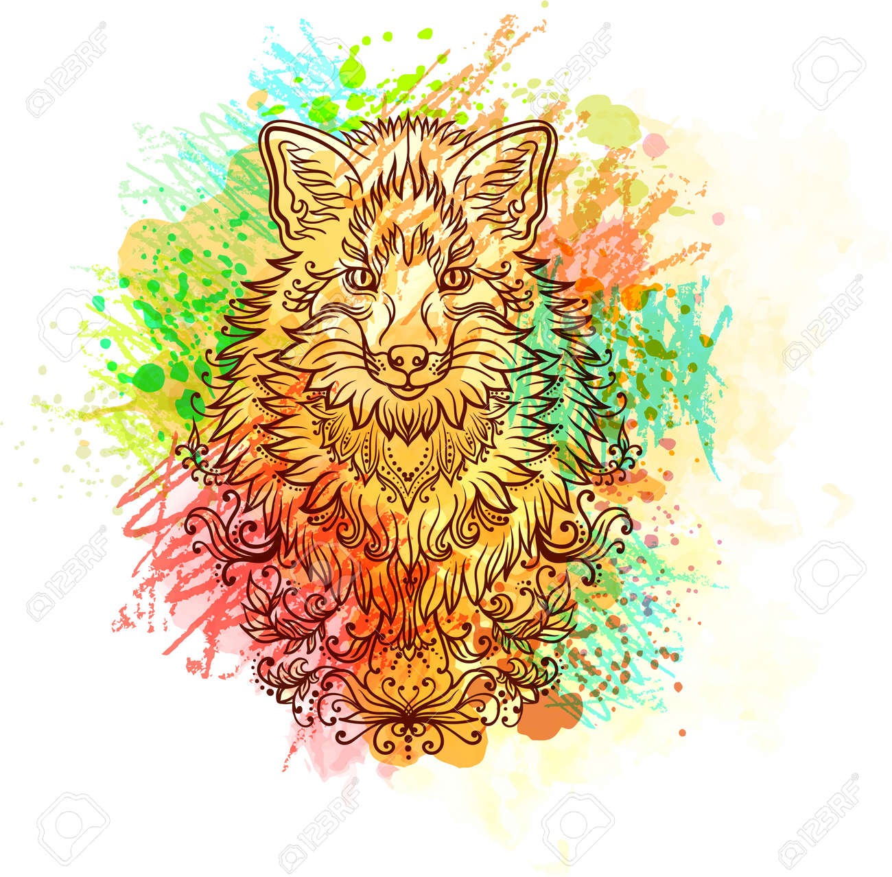 Hand Drawn Fox With Ethnic Floral Doodle Pattern Coloring Page