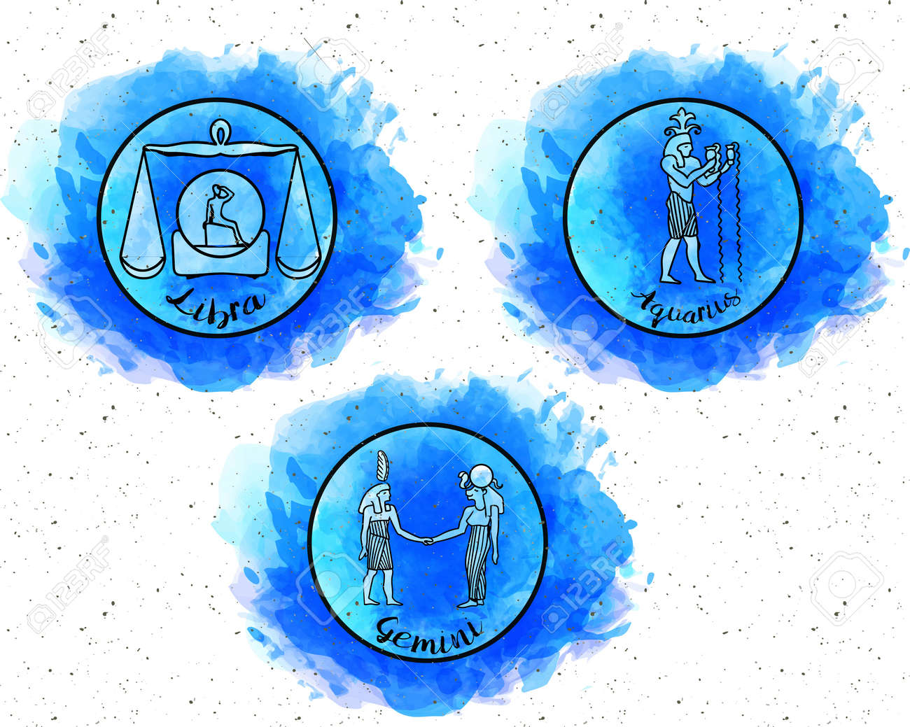 干支の空気要素のセットです 水彩テクスチャ占星術と星座のアイコン 古代エジプトのシンボル タトゥーと彩色に適しています 天秤座 水瓶座 双子座 の イラスト素材 ベクタ Image