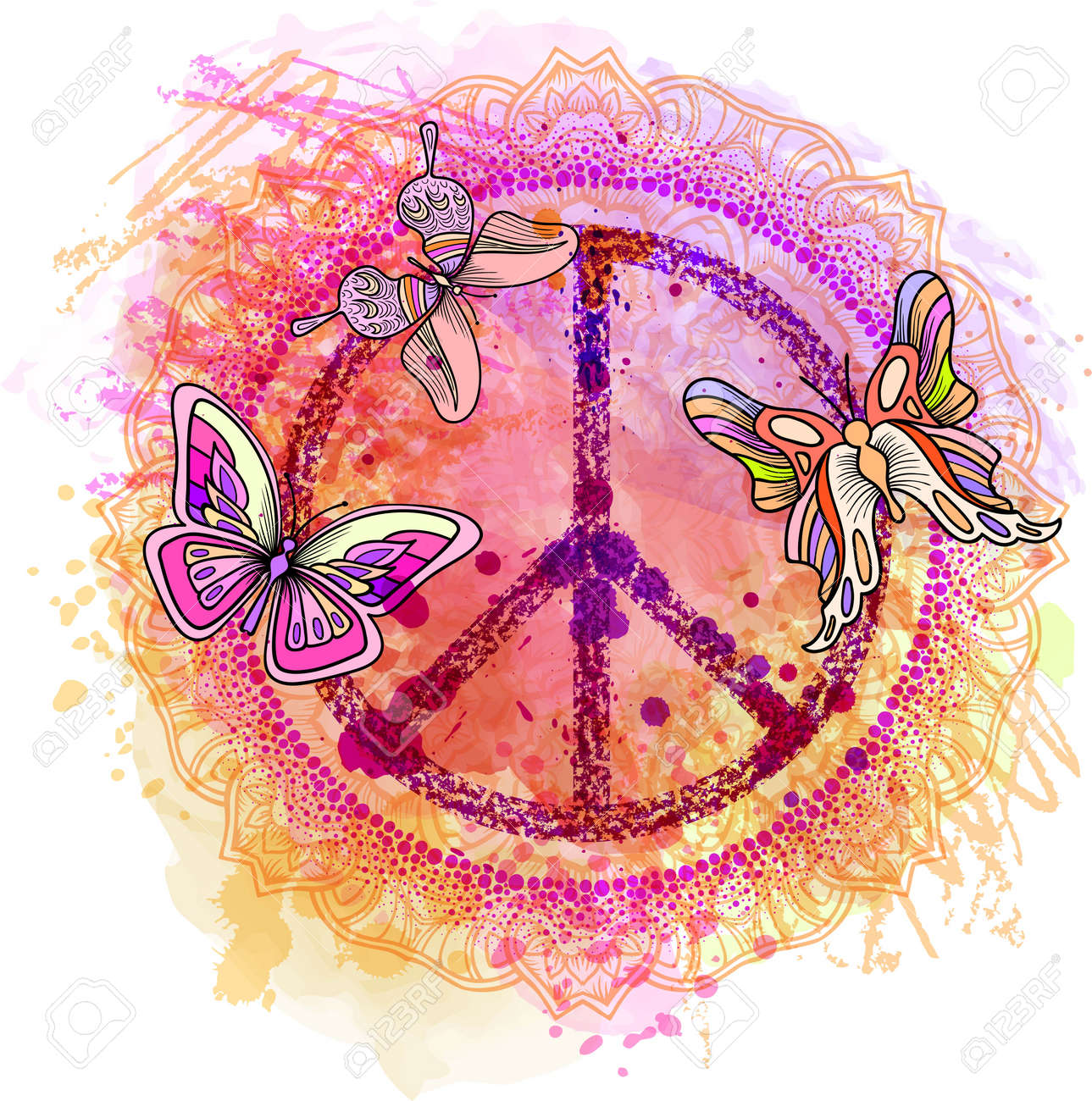 Peace Hippie Symbol over colorful background. illustration for t-shirt print over Abstract watercolor,chalk, pastels texture background. - 64860942 Peace Hippie Symbol over colorful background. illustration for t-shirt print over Abstract watercolor,chalk, pastels texture background. - 64860942