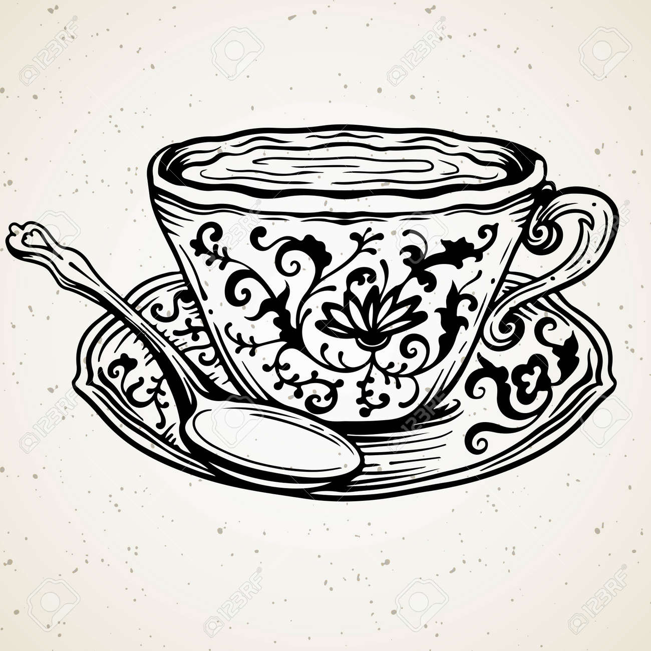 Tea Cup With Spoon And Floral Ornament Vector Illustration Ornate