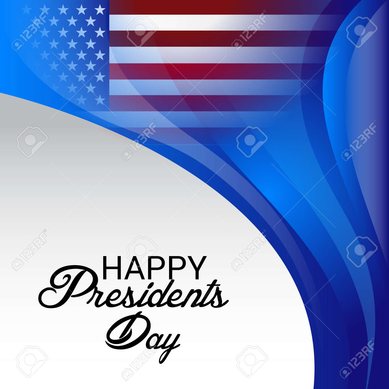 青い背景に米国の旗を持つハッピー大統領の日ベクトルイラスト のイラスト素材 ベクタ Image